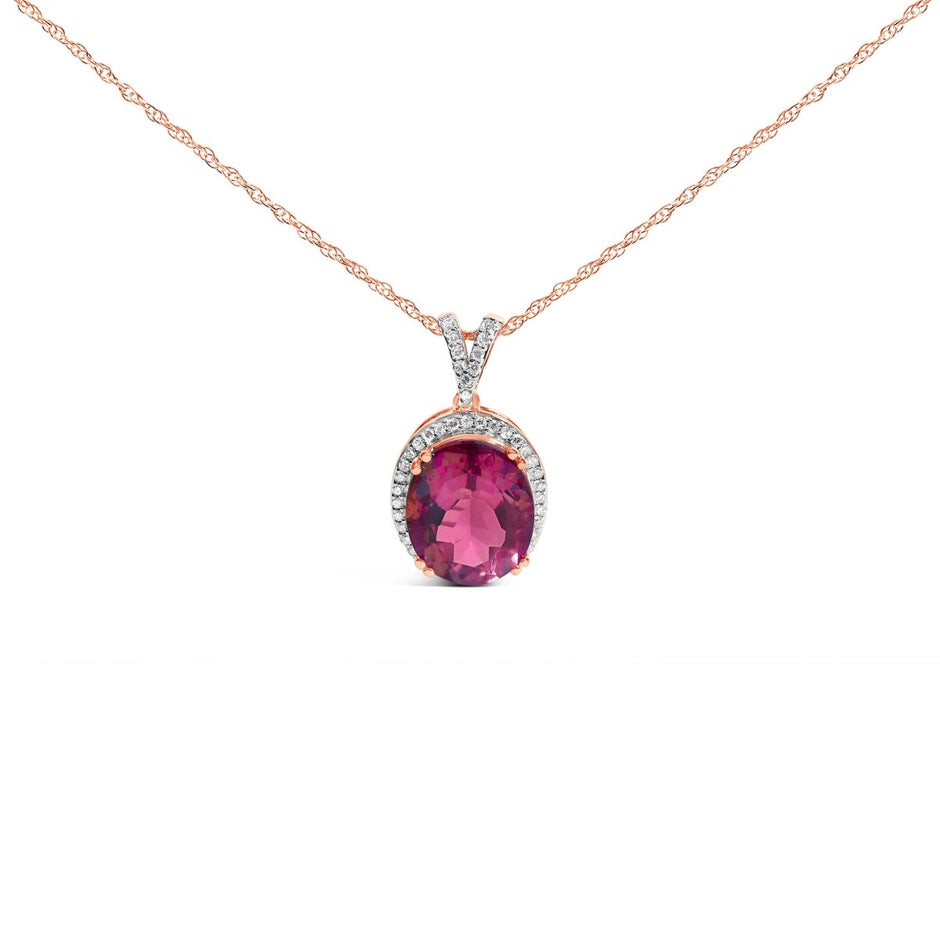 14K Rose Gold Vermeil Sterling Silver 1/5 Cttw Diamond Pink Quartz Oval Pendant Necklace - Necklaces - Custom Crafting Alliance, LLC