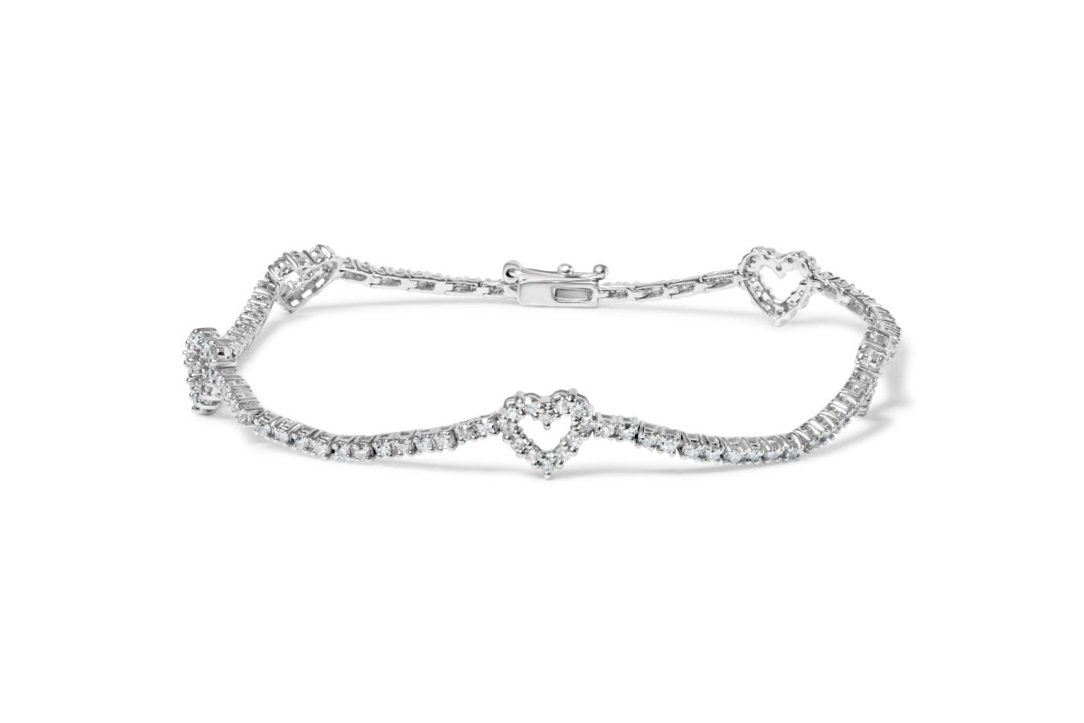 14K White Gold 1 1/2 Cttw Diamond Heart Station Strand Bracelet (H-I Color, I1-I2 Clarity) - 7.5 Inches - Bracelets - Custom Crafting Alliance, LLC