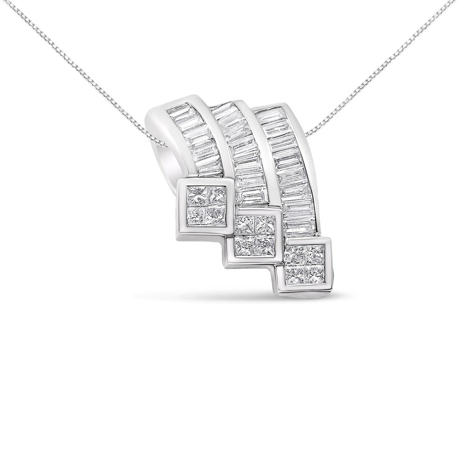 14K White Gold 1 1/2 Cttw Invisible Set Princess and Channel Set Baguette-cut Diamond Triple Curve Pendant Necklace (G-H Color, SI1-SI2 Clarity) - NO CHAIN INCLUDED - Necklaces - Custom Crafting Alliance, LLC