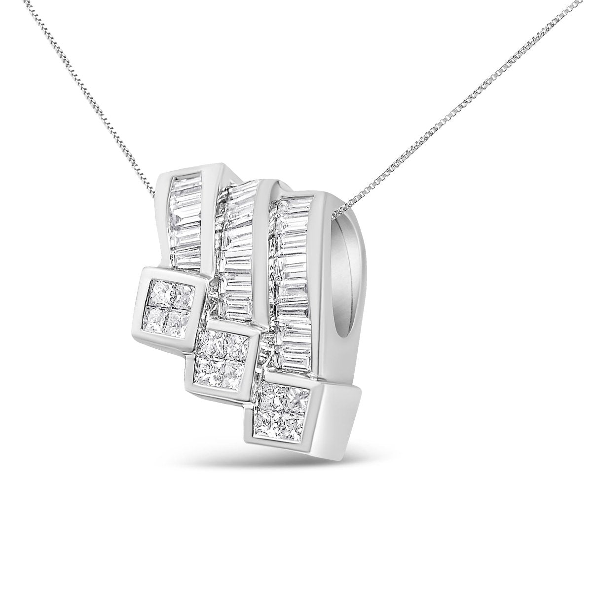 14K White Gold 1 1/2 Cttw Invisible Set Princess and Channel Set Baguette-cut Diamond Triple Curve Pendant Necklace (G-H Color, SI1-SI2 Clarity) - NO CHAIN INCLUDED - Necklaces - Custom Crafting Alliance, LLC