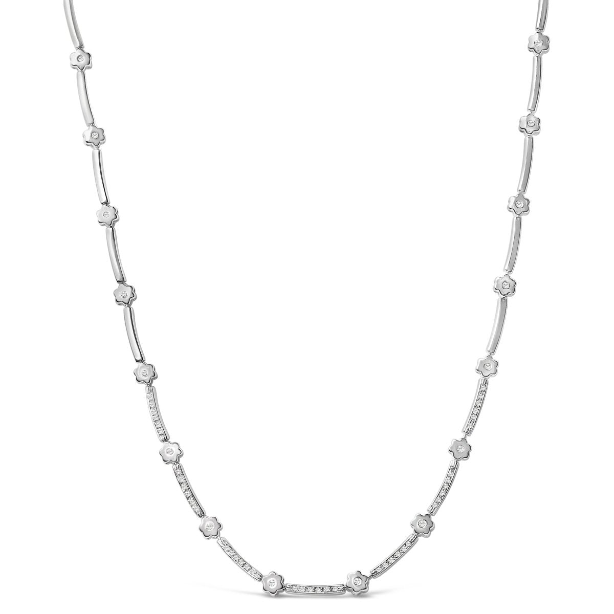 14K White Gold 1.0 Cttw Diamond Flower and Bar Station Necklace - Necklaces - Custom Crafting Alliance, LLC