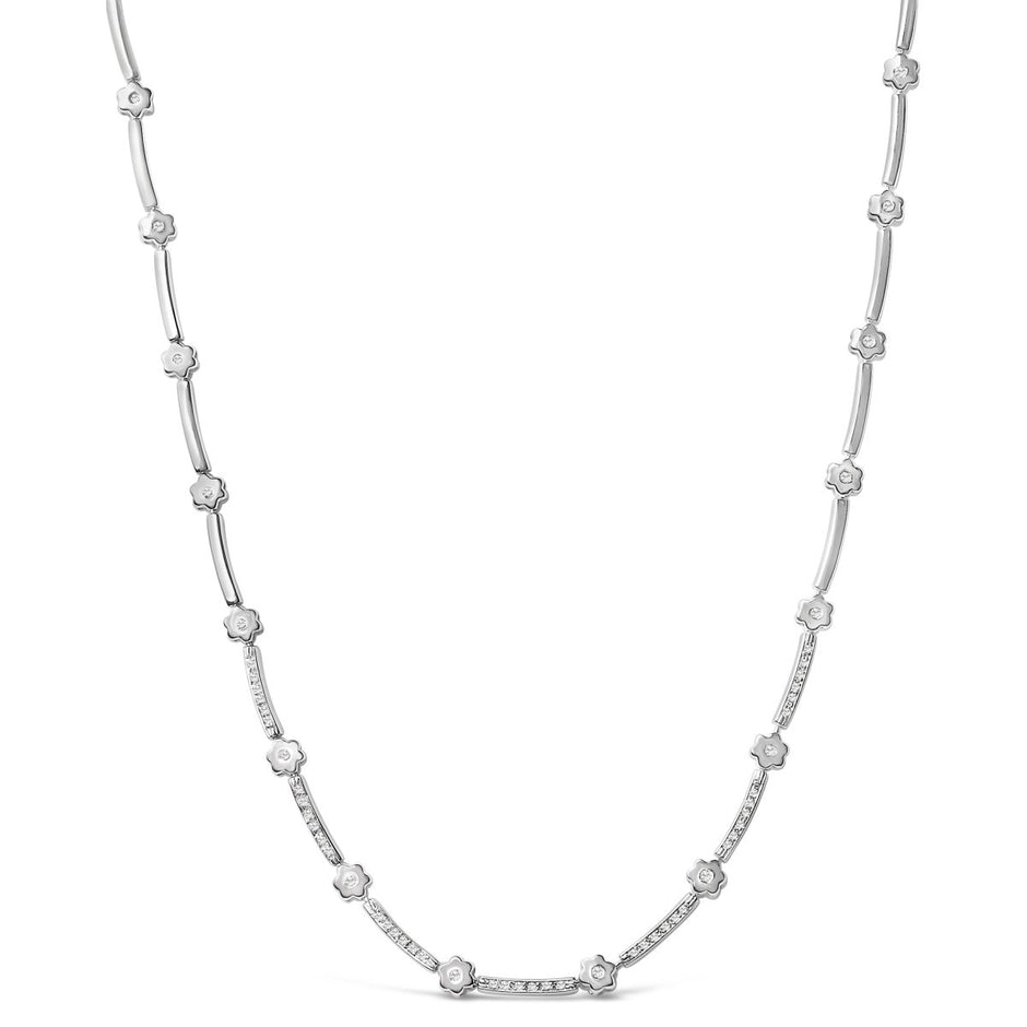 14K White Gold 1.0 Cttw Diamond Flower and Bar Station Necklace - Necklaces - Custom Crafting Alliance, LLC