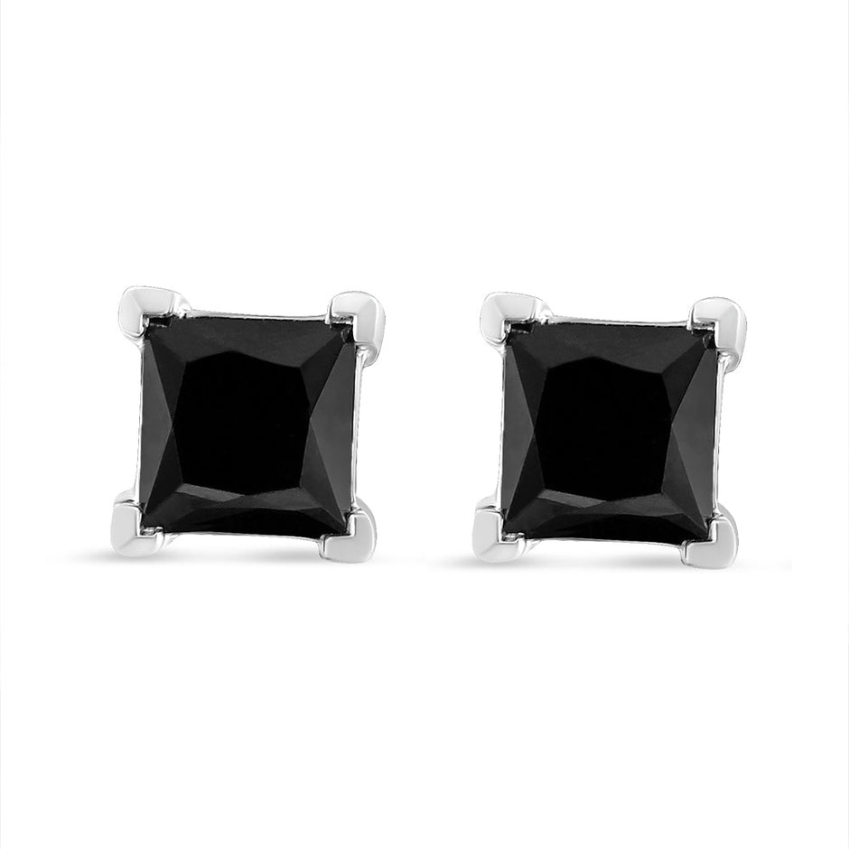 14K White Gold 1/2 Cttw Princess-Cut Treated Black Diamond Classic 4-Prong Stud Earrings with Push Backs (Fancy Color-Enhanced, I2-I3 Clarity) - Earrings - Custom Crafting Alliance, LLC