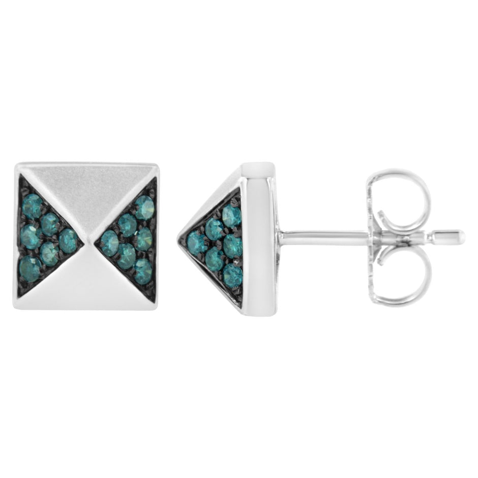 14K White Gold 1/4 Cttw Treated Blue Diamond Pyramid Stud Earring (Blue Color, SI1-SI2 Clarity) - Earrings - Custom Crafting Alliance, LLC