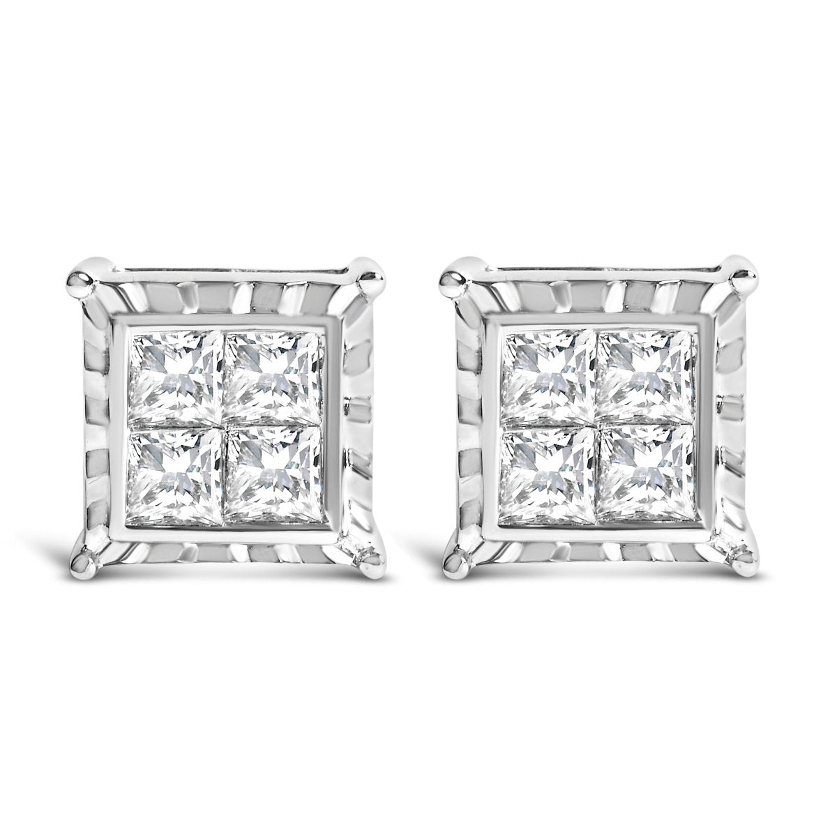 14K White Gold 2.00 Cttw Invisible Set Princess-Cut Lab Grown Diamond Wavy Quad Stud Earrings - Earrings - Custom Crafting Alliance, LLC