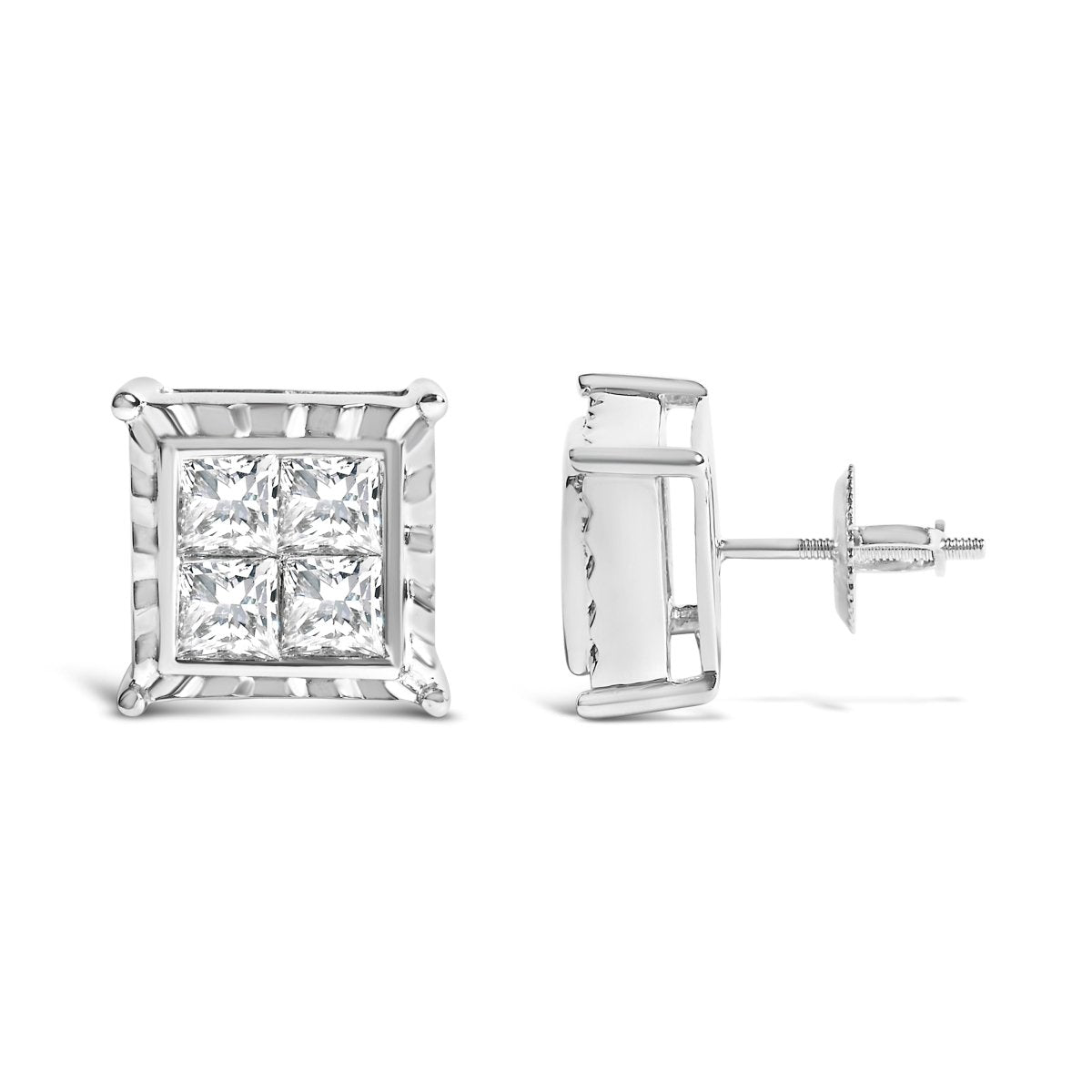 14K White Gold 2.00 Cttw Invisible Set Princess-Cut Lab Grown Diamond Wavy Quad Stud Earrings - Earrings - Custom Crafting Alliance, LLC