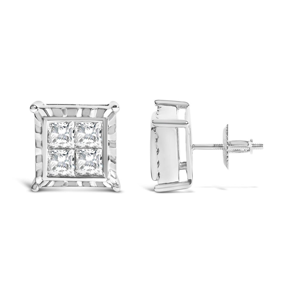 14K White Gold 2.00 Cttw Invisible Set Princess-Cut Lab Grown Diamond Wavy Quad Stud Earrings - Earrings - Custom Crafting Alliance, LLC