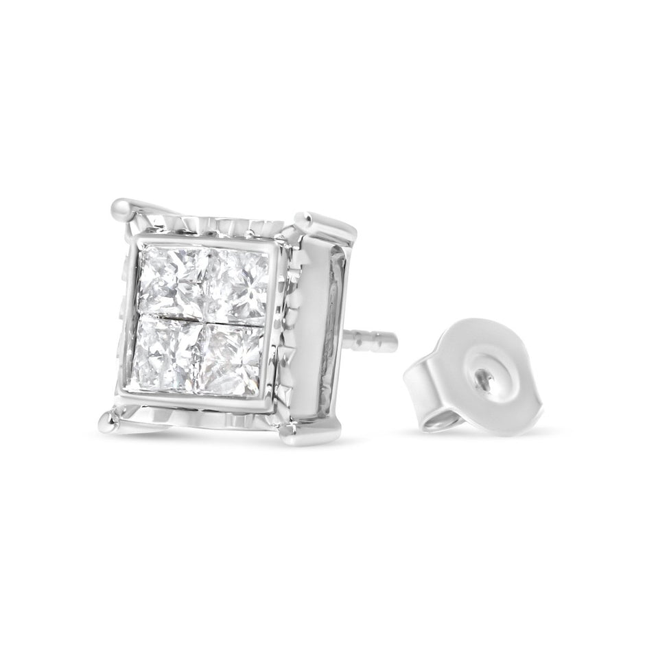 14K White Gold 2.00 Cttw Invisible Set Princess-Cut Lab Grown Diamond Wavy Quad Stud Earrings - Earrings - Custom Crafting Alliance, LLC