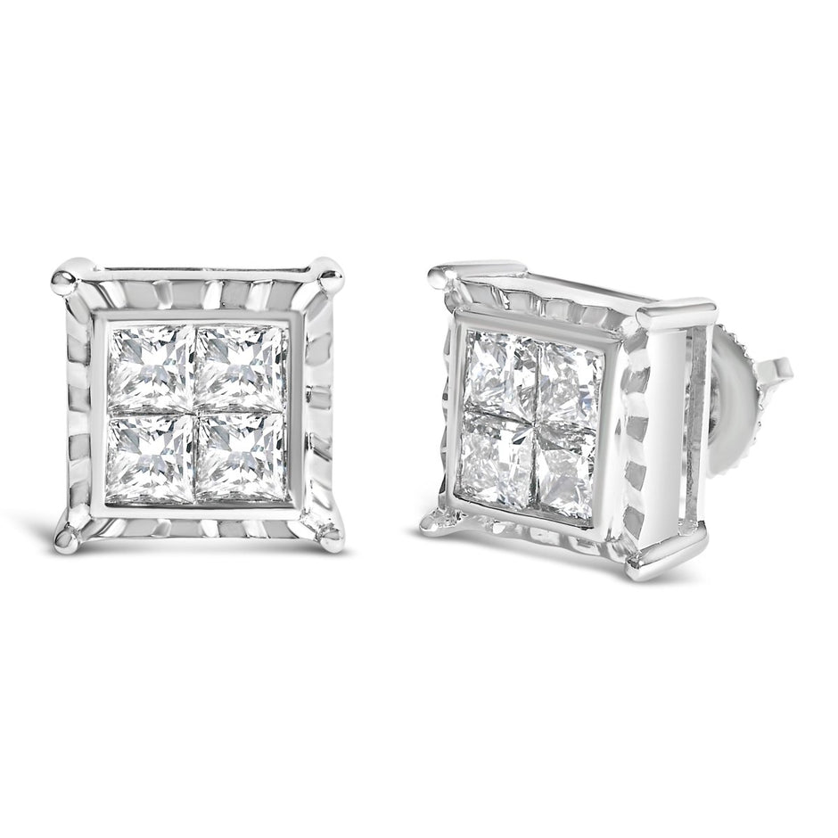 14K White Gold 2.00 Cttw Invisible Set Princess-Cut Lab Grown Diamond Wavy Quad Stud Earrings - Earrings - Custom Crafting Alliance, LLC