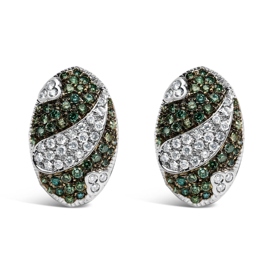 14K White Gold 2.00 Cttw White and Treated Blue Diamond Oval Shield Omega Back Earrings (H-I Color, SI1-SI2 Clarity) - Earrings - Custom Crafting Alliance, LLC