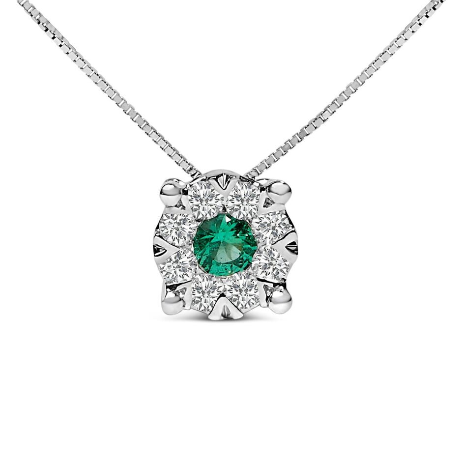 14K White Gold 3.8 MM Green Emerald and 1/3 Cttw Diamond Composite Halo 18" Pendant Necklace (F-G Color, VS2-SI1 Clarity) - Necklaces - Custom Crafting Alliance, LLC