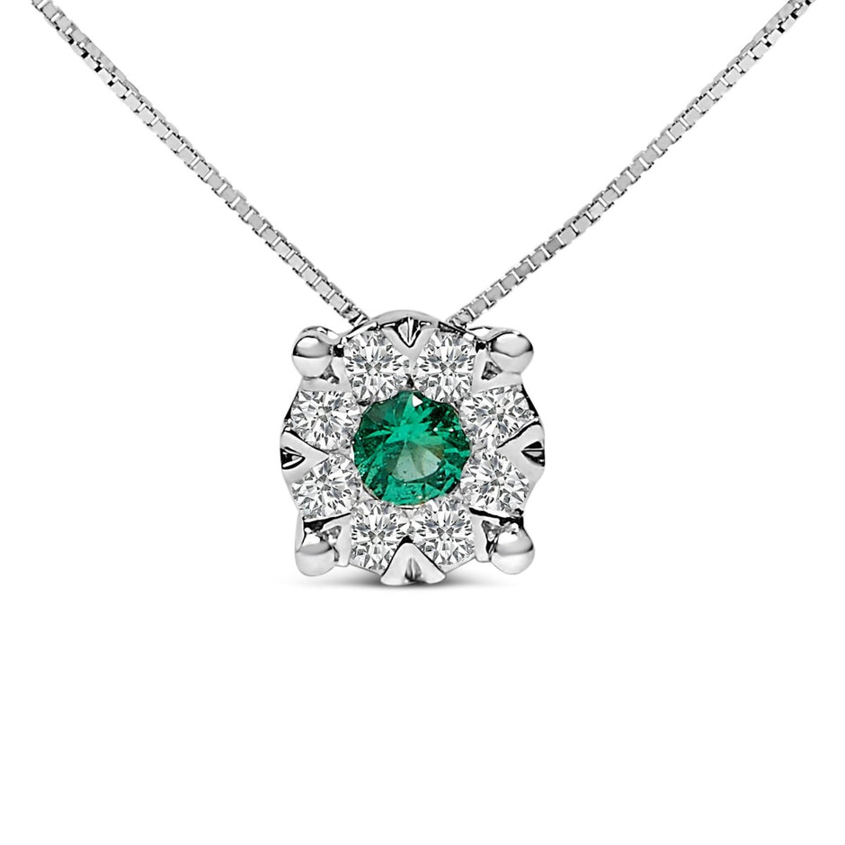 14K White Gold 3.8 MM Green Emerald and 1/3 Cttw Diamond Composite Halo 18" Pendant Necklace (F-G Color, VS2-SI1 Clarity) - Necklaces - Custom Crafting Alliance, LLC