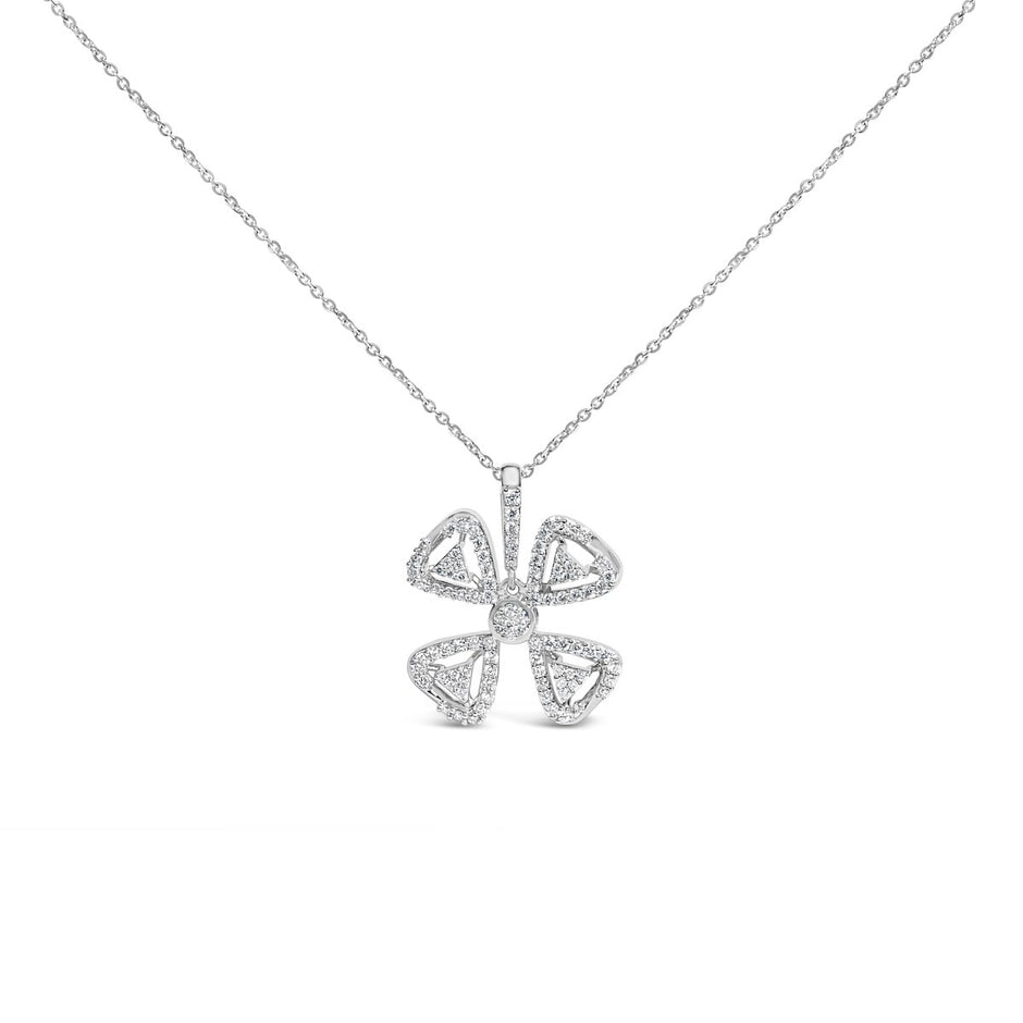 14K White Gold 5/8 Cttw Diamond 4 Leaf Floral Pendant Necklace (H-I Color, I1-I2 Clarity) - 18" Inches - Necklaces - Custom Crafting Alliance, LLC