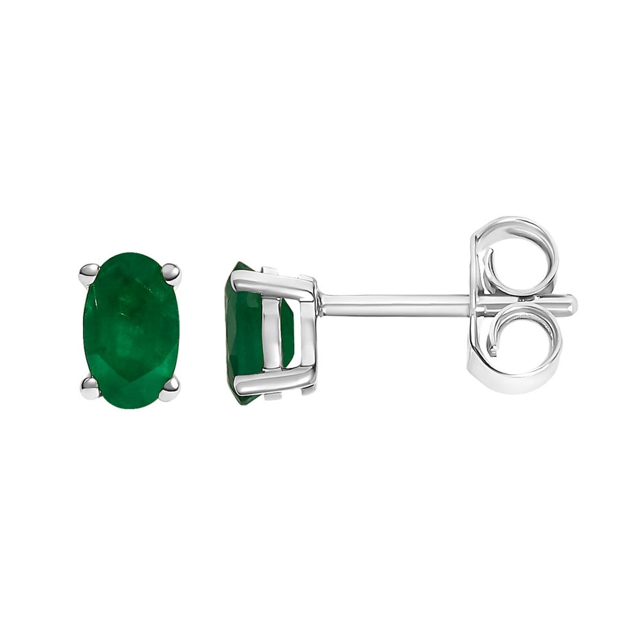 14K White Gold 5x3 MM Oval Green Emerald Solitaire Stud Earrings - Earrings - Custom Crafting Alliance, LLC