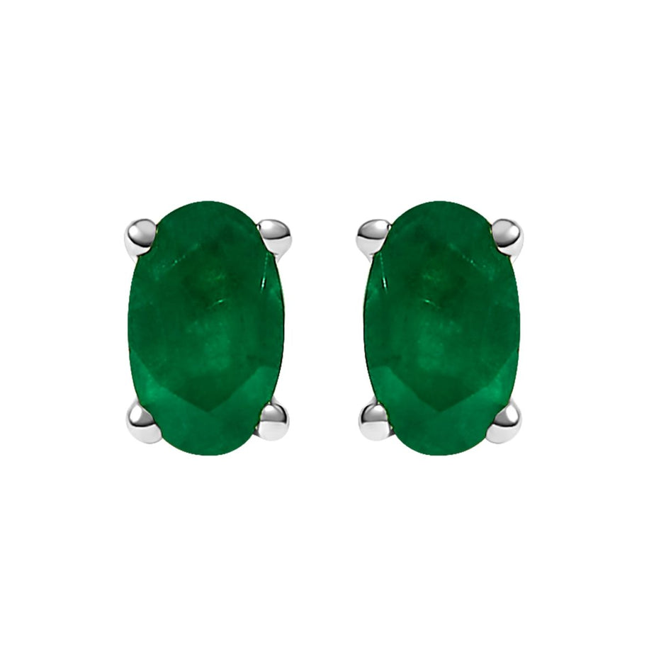 14K White Gold 5x3 MM Oval Green Emerald Solitaire Stud Earrings - Earrings - Custom Crafting Alliance, LLC