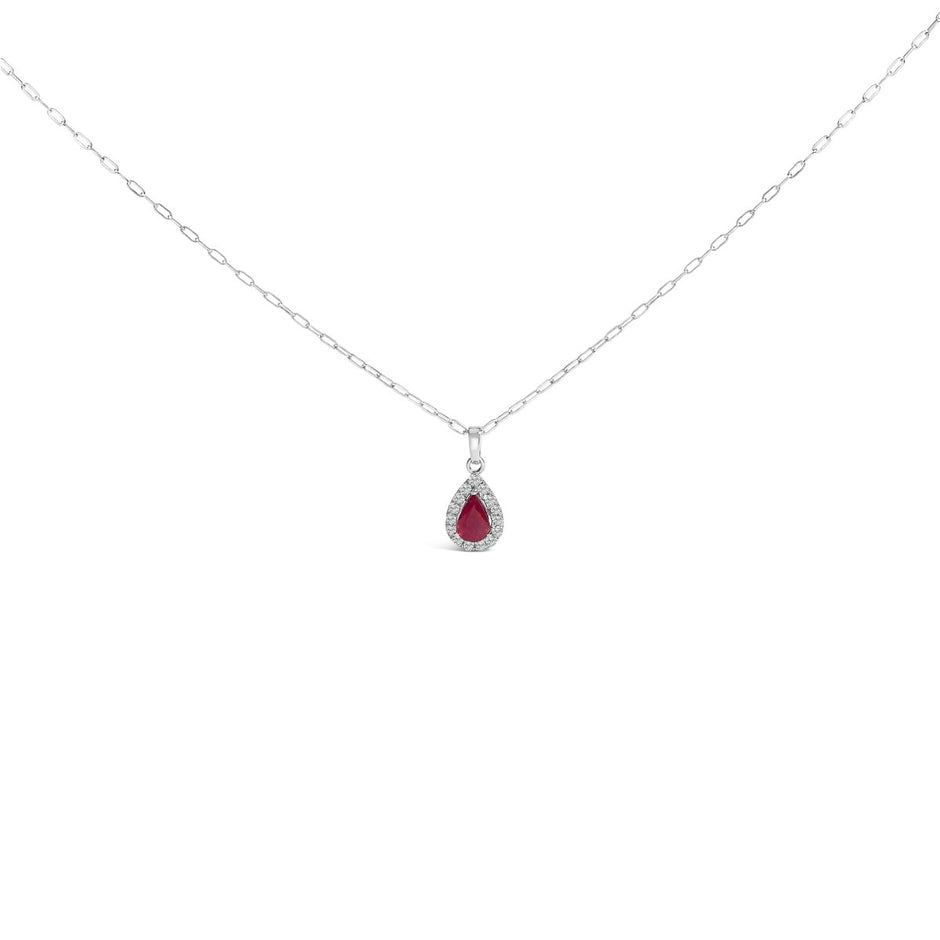 14K White Gold 6x4 Pear Red Ruby and Diamond Halo Pendant Necklace - 18" Inches - Necklaces - Custom Crafting Alliance, LLC