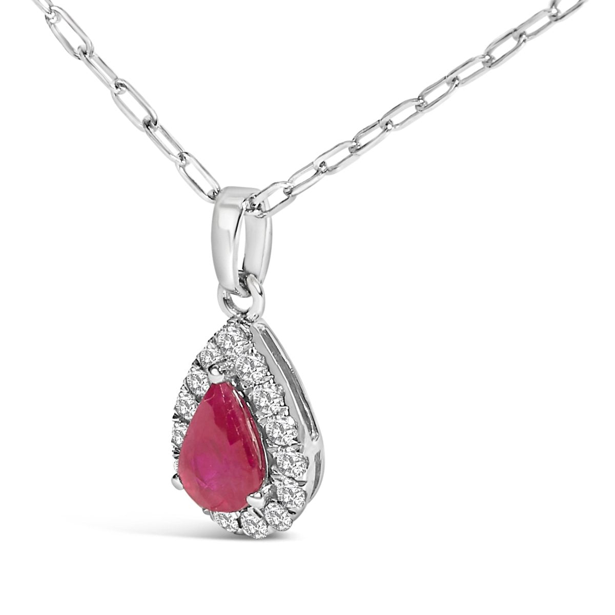 14K White Gold 6x4 Pear Red Ruby and Diamond Halo Pendant Necklace - 18