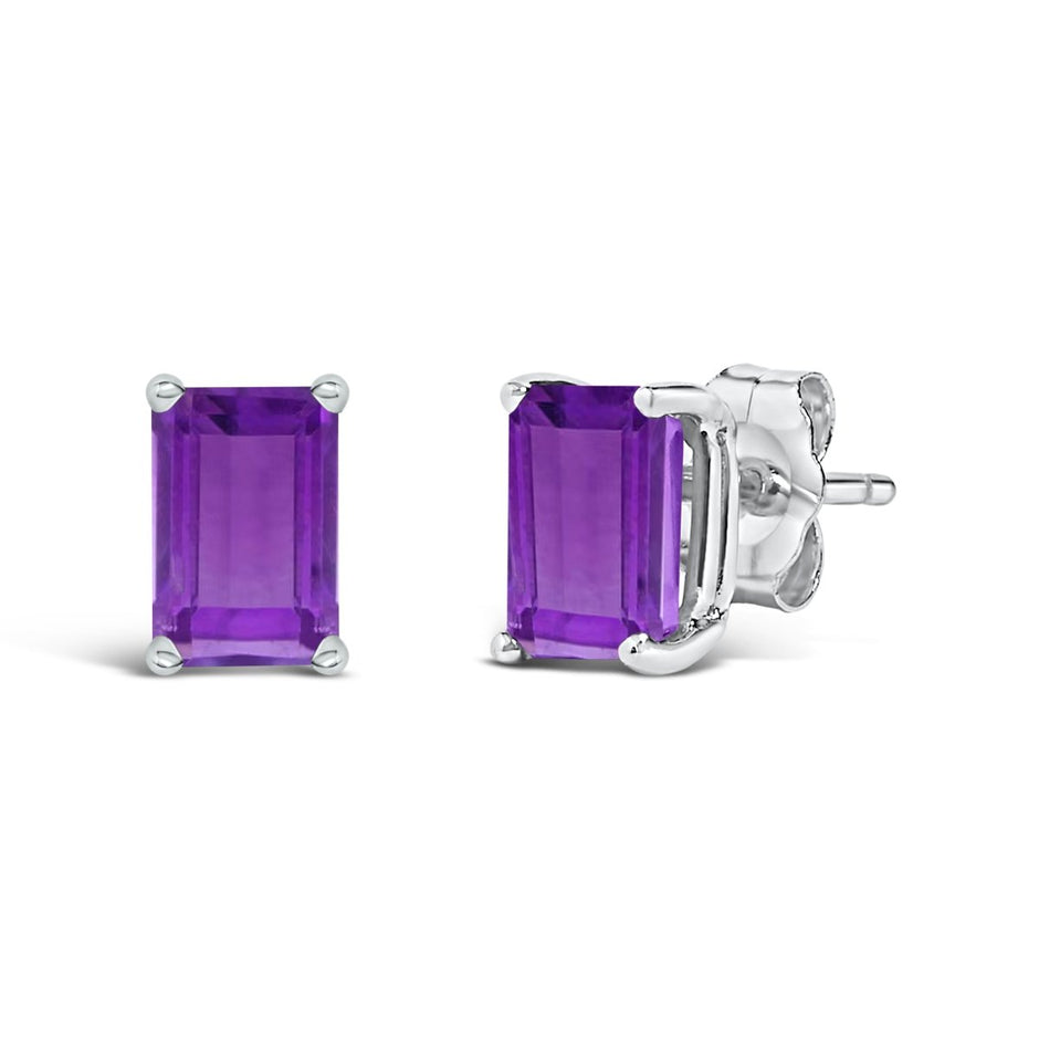 14K White Gold 6x4MM Emerald Shaped Amethyst Solitaire Stud Earrings - Earrings - Custom Crafting Alliance, LLC