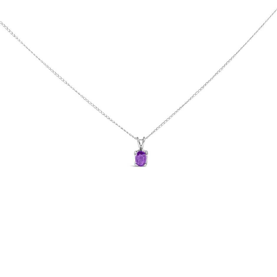 14K White Gold 6x4MM Oval Shaped Purple Amethyst Solitaire Pendant Necklace - Necklaces - Custom Crafting Alliance, LLC