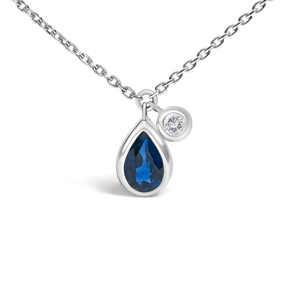 14K White Gold 6x4mm Pear Blue Sapphire and Diamond Accent Charm Pendant Necklace - 18