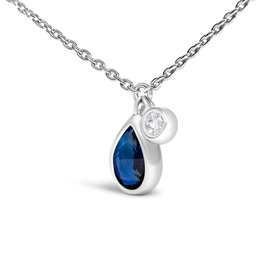 14K White Gold 6x4mm Pear Blue Sapphire and Diamond Accent Charm Pendant Necklace - 18