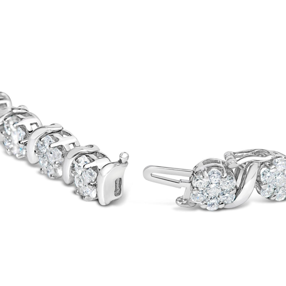 14K White Gold 7 3/8 Cttw Round Brilliant Diamond Floral Cluster and S Link Bracelet (H-I Color, SI2-I1 Clarity) - 7