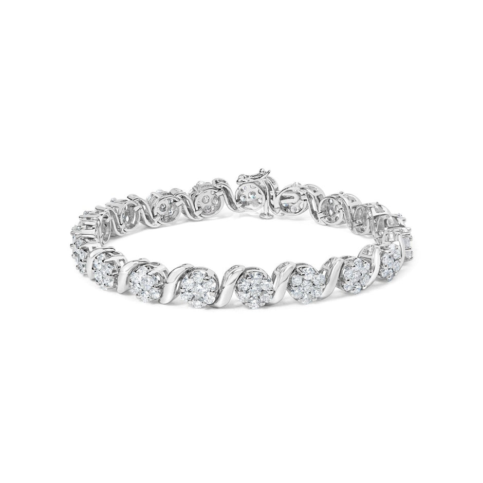 14K White Gold 7 3/8 Cttw Round Brilliant Diamond Floral Cluster and S Link Bracelet (H-I Color, SI2-I1 Clarity) - 7" Inches - Bracelets - Custom Crafting Alliance, LLC