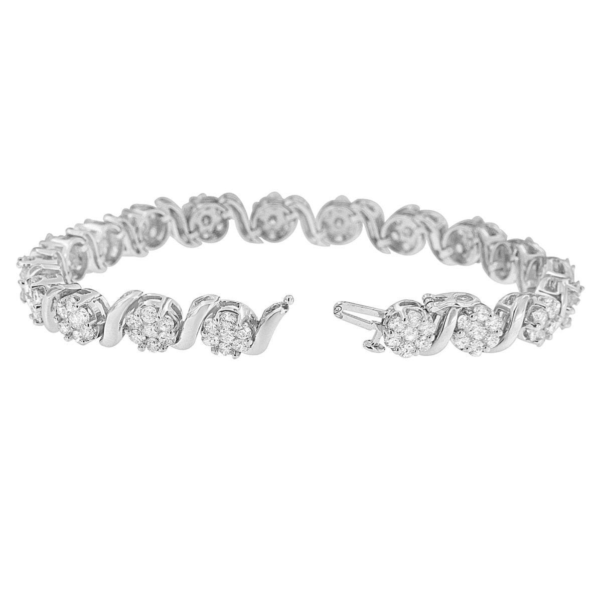 14K White Gold 7 3/8 Cttw Round Brilliant Diamond Floral Cluster and S Link Bracelet (H-I Color, SI2-I1 Clarity) - 7