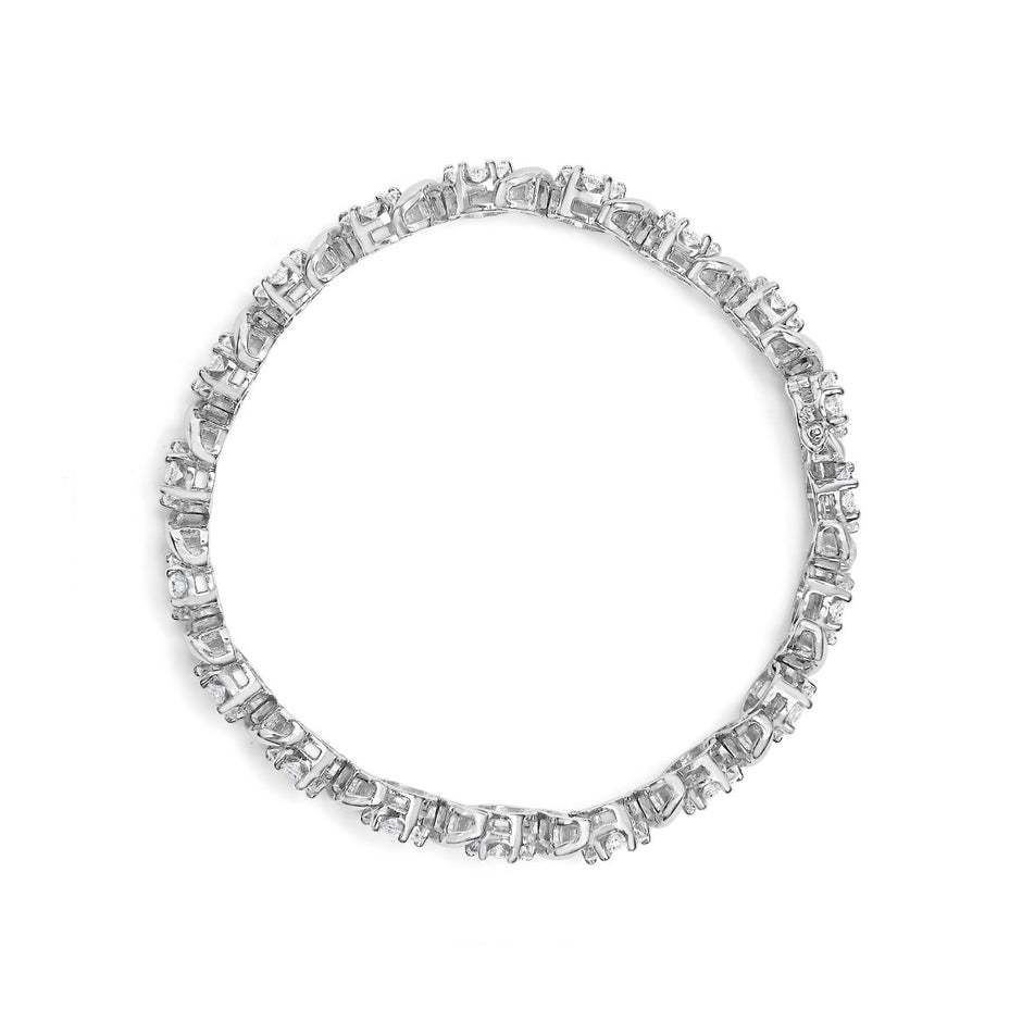 14K White Gold 7 3/8 Cttw Round Brilliant Diamond Floral Cluster and S Link Bracelet (H-I Color, SI2-I1 Clarity) - 7