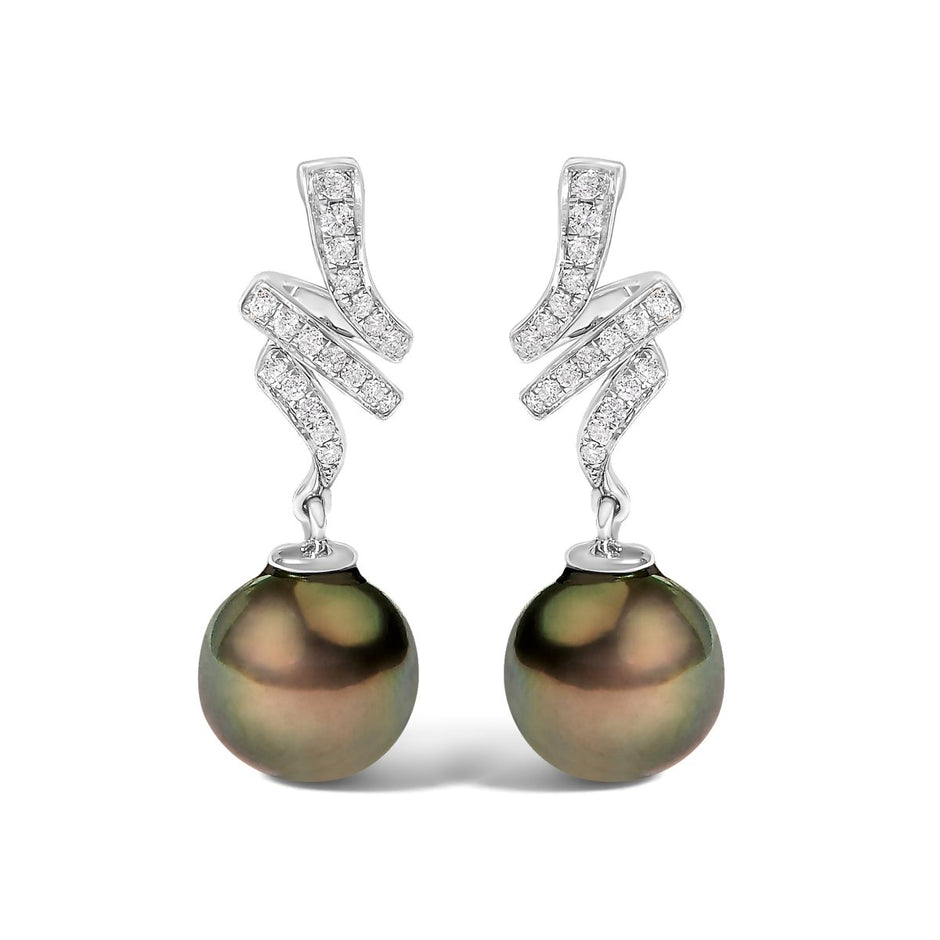 14K White Gold 9MM Cultured Black Pearl and Diamond Accent Drop and Dangle Earrings (I-J Color, SI1-SI2 Clarity) - Earrings - Custom Crafting Alliance, LLC