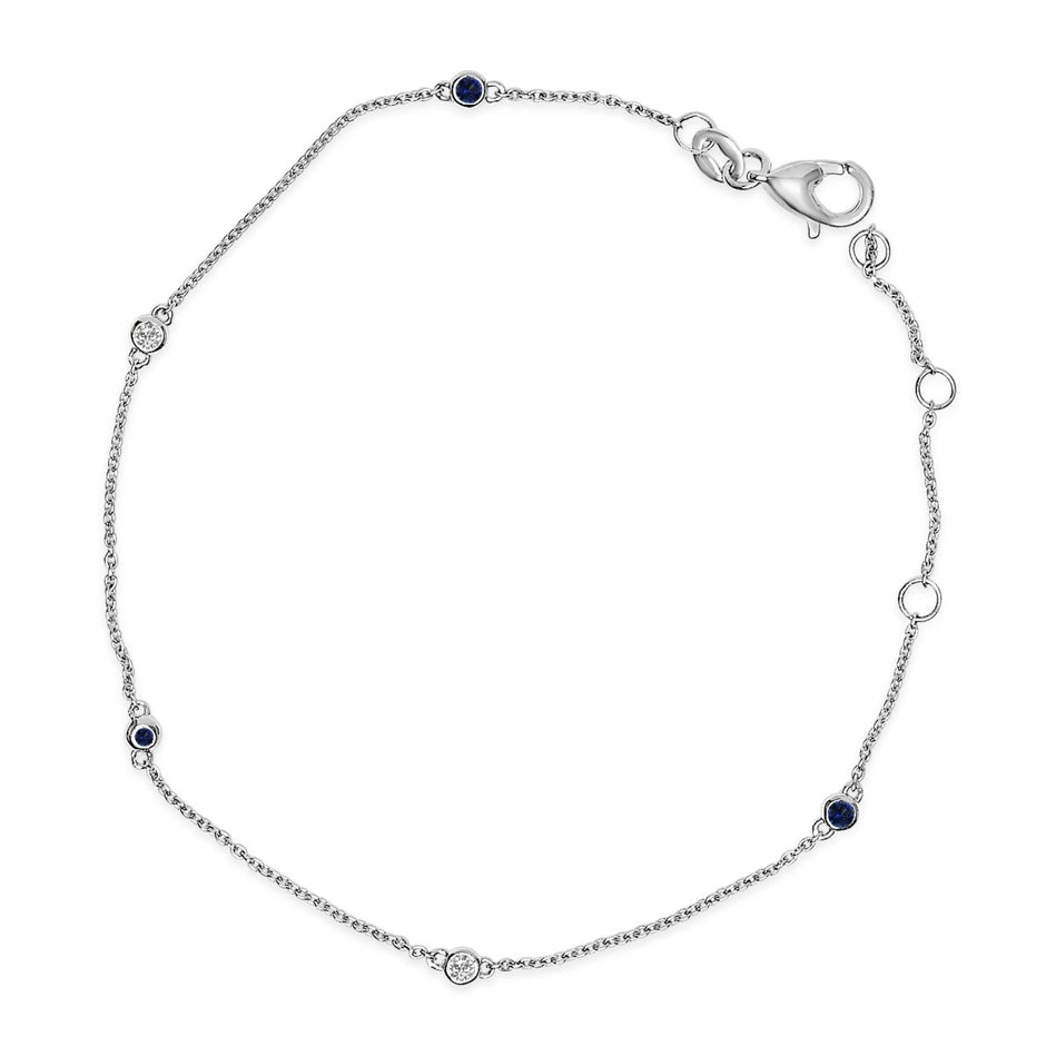 14K White Gold Alternating Blue Sapphire and Diamond Bezel Station Chain Bracelet - Size 7.5 inch - Bracelets - Custom Crafting Alliance, LLC
