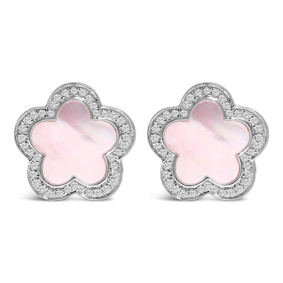 14K White Gold Mother of Pearl and 1/5 Cttw Diamond Halo Star Stud Earrings - Earrings - Custom Crafting Alliance, LLC