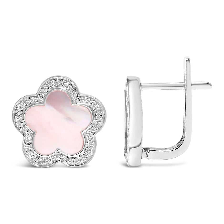 14K White Gold Mother of Pearl and 1/5 Cttw Diamond Halo Star Stud Earrings - Earrings - Custom Crafting Alliance, LLC