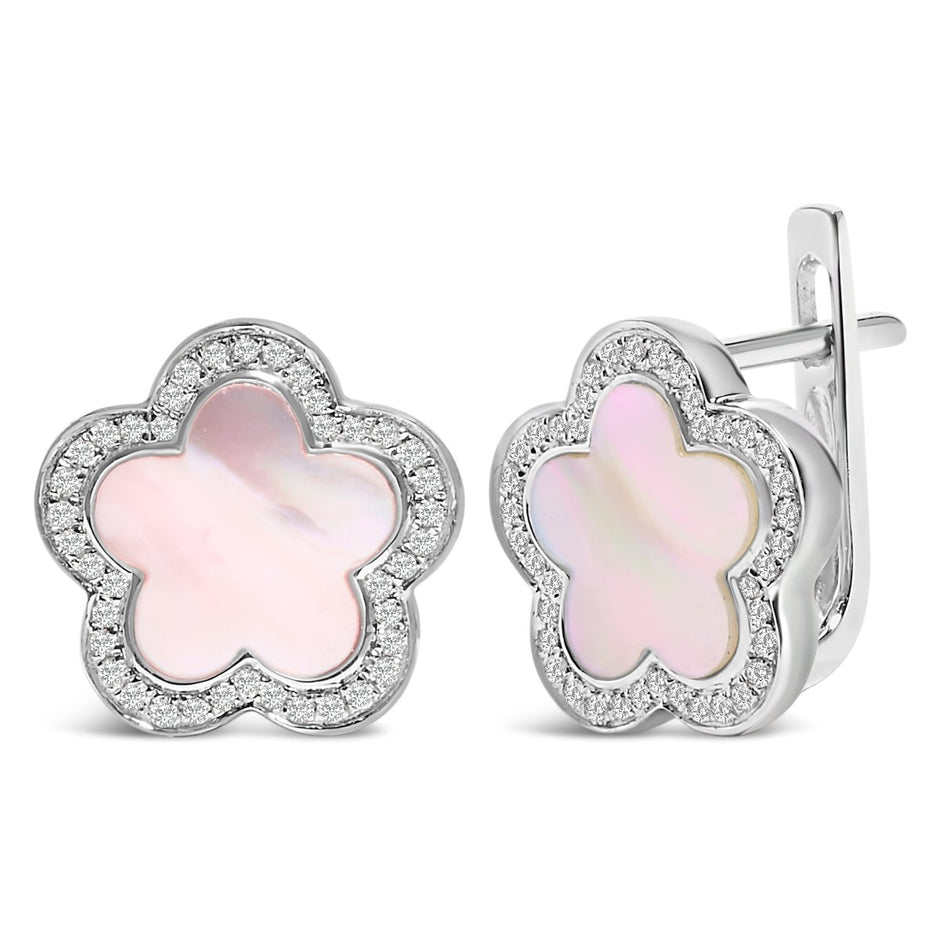 14K White Gold Mother of Pearl and 1/5 Cttw Diamond Halo Star Stud Earrings - Earrings - Custom Crafting Alliance, LLC