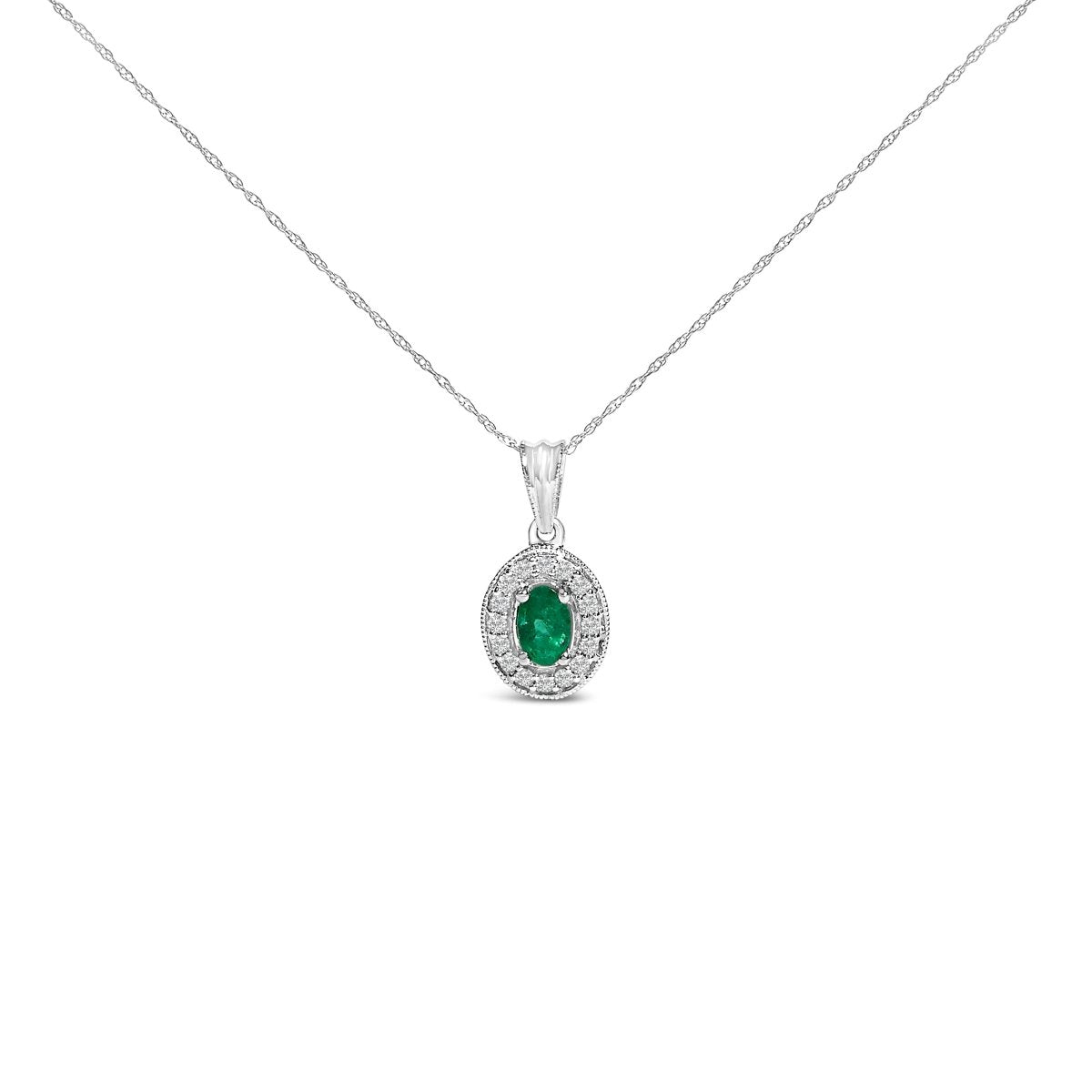 14K White Gold Oval 6x4 MM Green Emerald and Diamond Halo Pendant Necklace - 18 inch - Necklaces - Custom Crafting Alliance, LLC