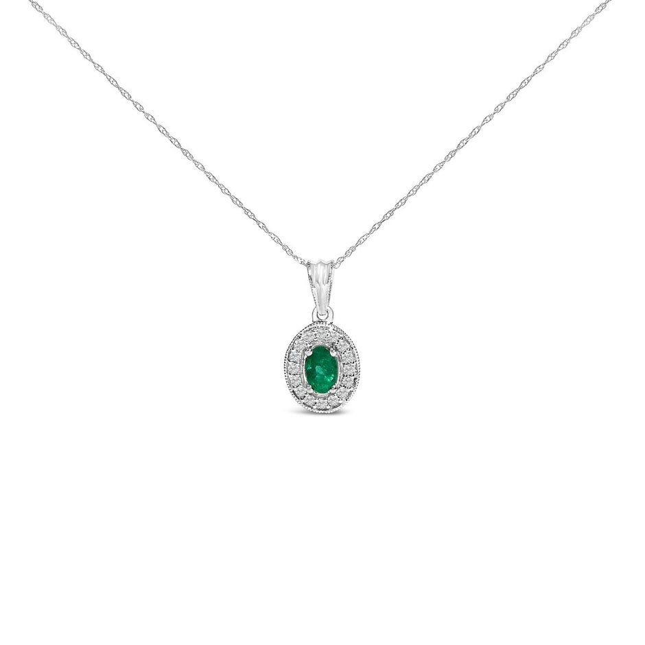 14K White Gold Oval 6x4 MM Green Emerald and Diamond Halo Pendant Necklace - 18 inch - Necklaces - Custom Crafting Alliance, LLC
