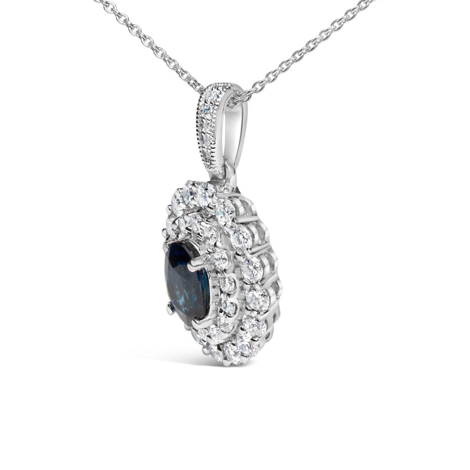 14K White Gold Oval Blue Sapphire and 3/4 Cttw Diamond Halo Pendant Necklace - Necklaces - Custom Crafting Alliance, LLC
