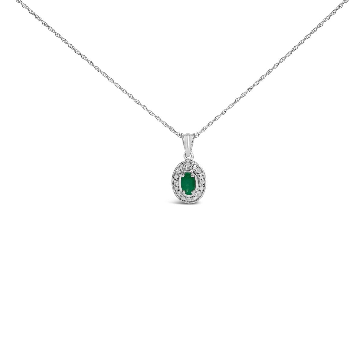 14K White Gold Oval Green Emerald and Diamond Halo Pendant Necklace - 18