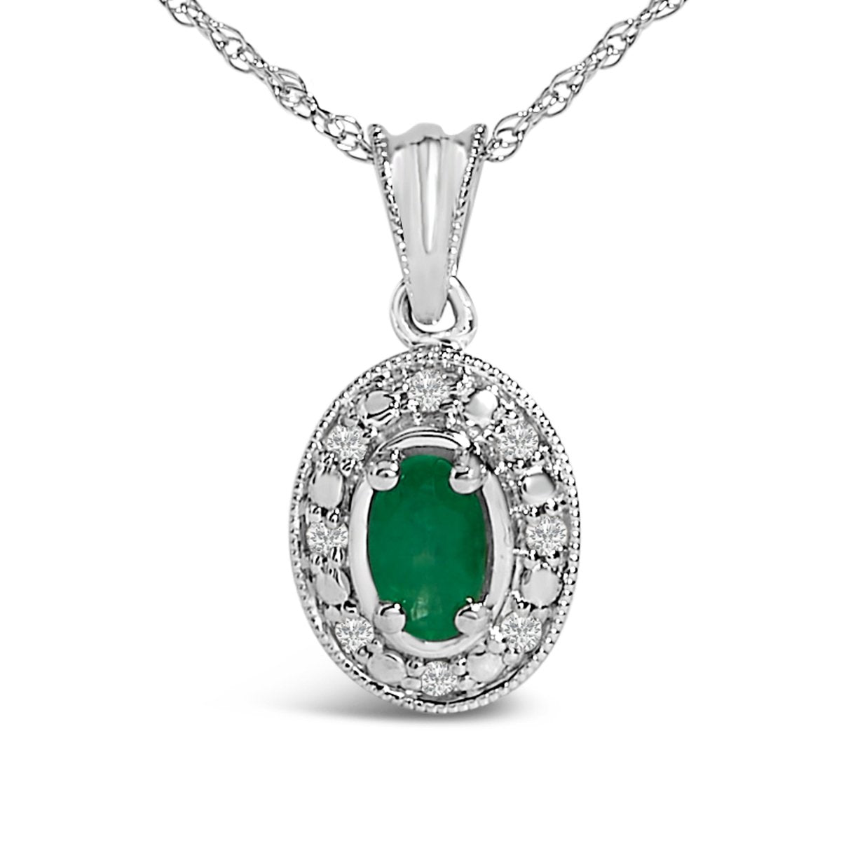 14K White Gold Oval Green Emerald and Diamond Halo Pendant Necklace - 18