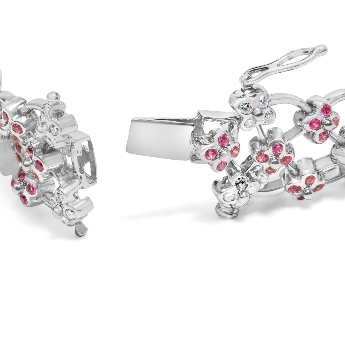 14K White Gold Pink Sapphire and Diamond Floral Lattice Link Bracelet - 7.25