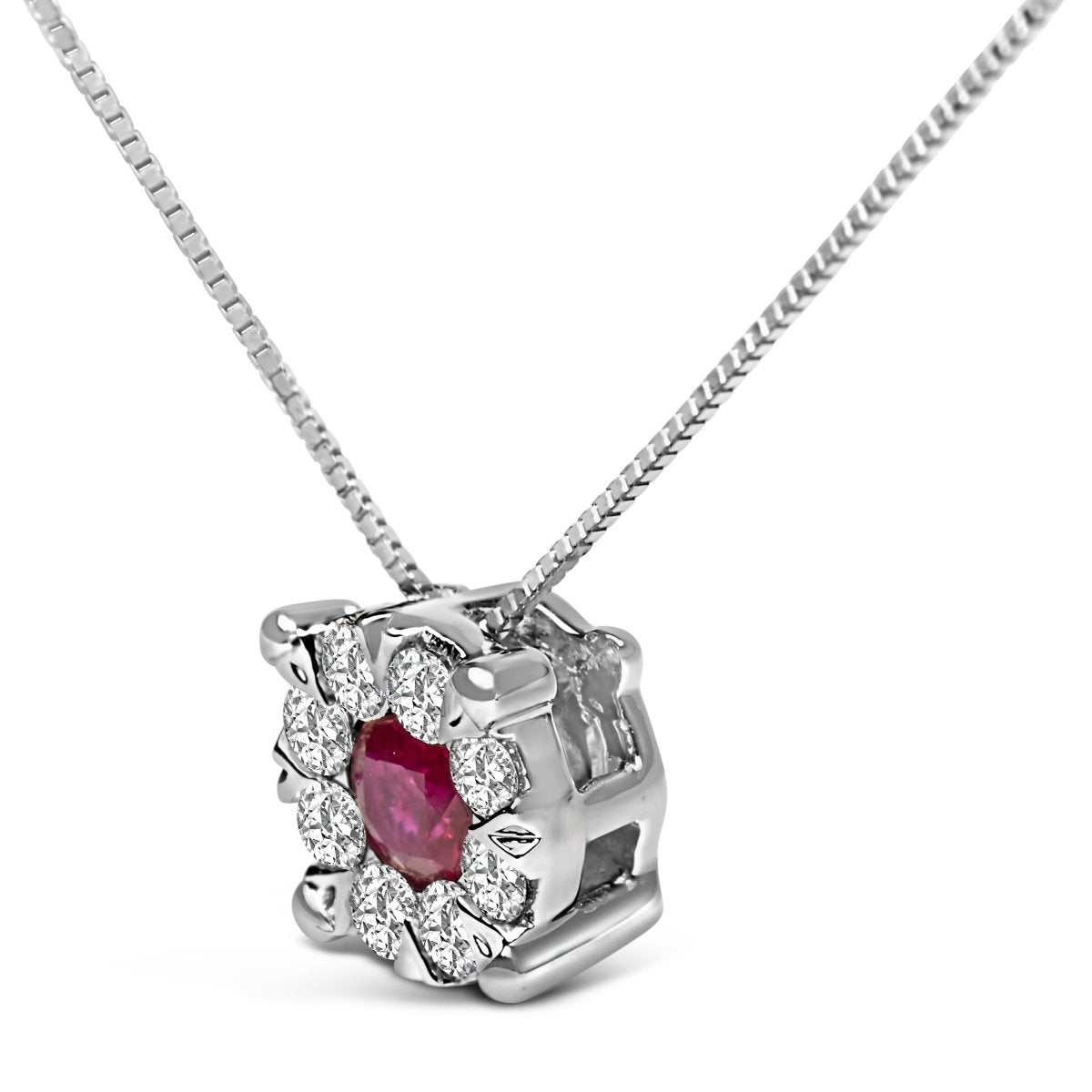 14K White Gold Red Ruby and 1/3 Cttw Diamond Halo Pendant Necklace - Necklaces - Custom Crafting Alliance, LLC