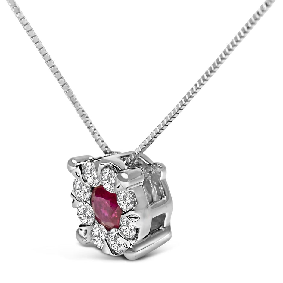 14K White Gold Red Ruby and 1/3 Cttw Diamond Halo Pendant Necklace - Necklaces - Custom Crafting Alliance, LLC