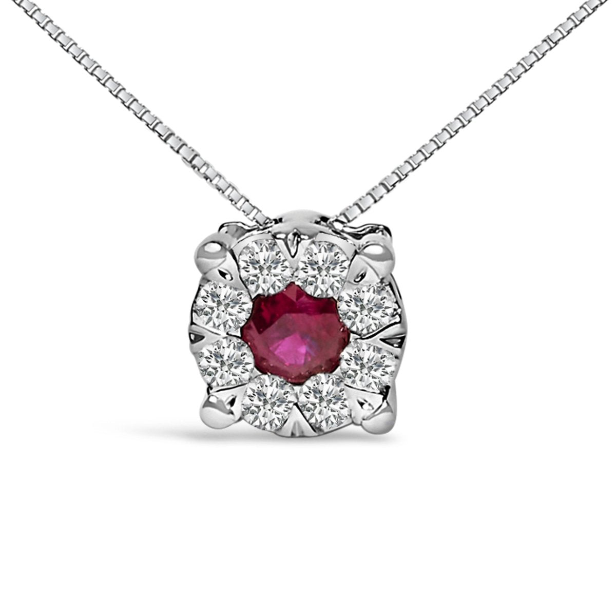 14K White Gold Red Ruby and 1/3 Cttw Diamond Halo Pendant Necklace - Necklaces - Custom Crafting Alliance, LLC