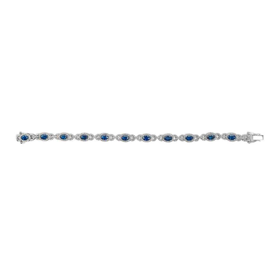 14K White Gold Vintage-Inspired Oval Blue Sapphire & Diamond Link Bracelet - Bracelets - Custom Crafting Alliance, LLC