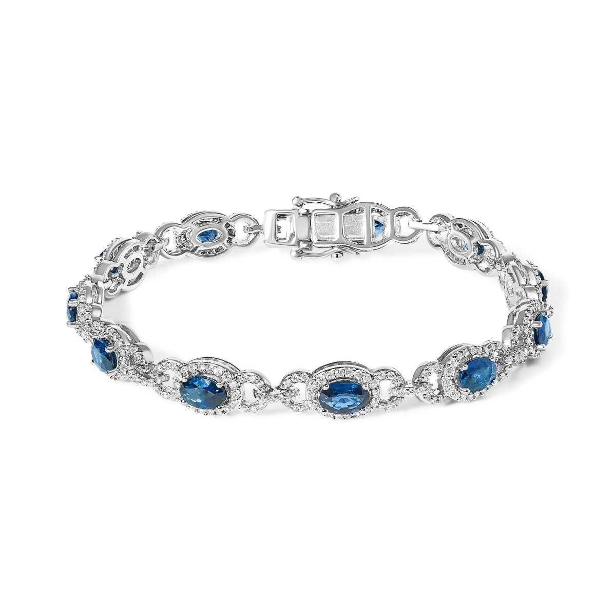 14K White Gold Vintage-Inspired Oval Blue Sapphire & Diamond Link Bracelet - Bracelets - Custom Crafting Alliance, LLC