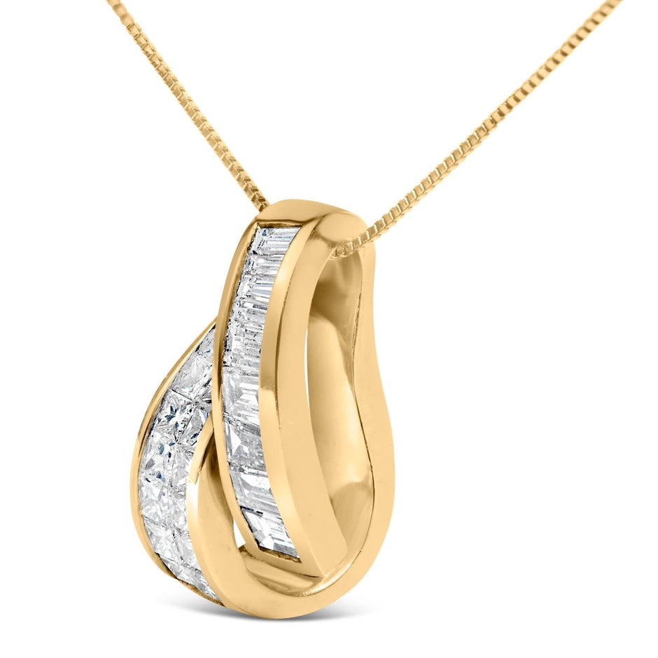 14K Yellow Gold 1 5/8 Cttw Princess and Baguette Diamond Duo Bar Pendant Necklace (G-H Color, VS2-SI1 Clarity) - 18