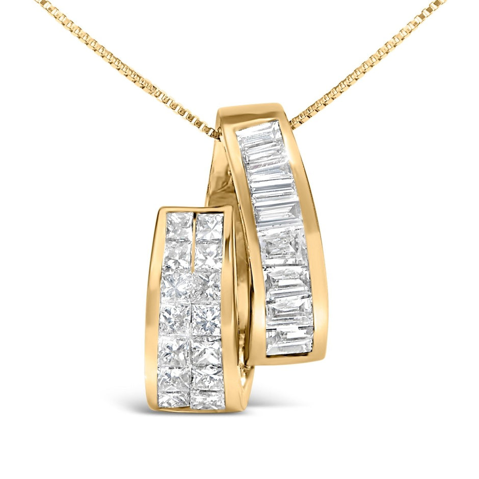 14K Yellow Gold 1 5/8 Cttw Princess and Baguette Diamond Duo Bar Pendant Necklace (G-H Color, VS2-SI1 Clarity) - 18