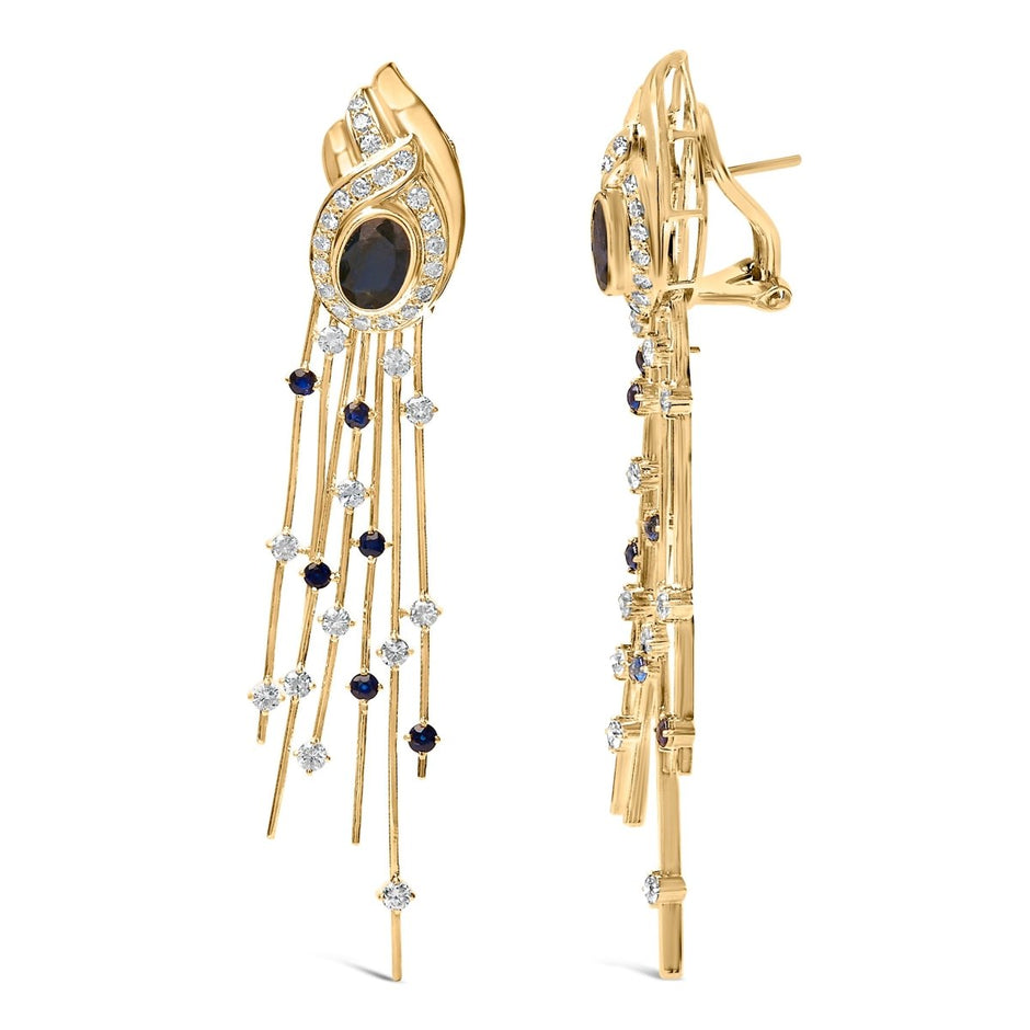 14K Yellow Gold 1.0 Cttw Diamond and Blue Sapphire Chandelier Earrings - Earrings - Custom Crafting Alliance, LLC