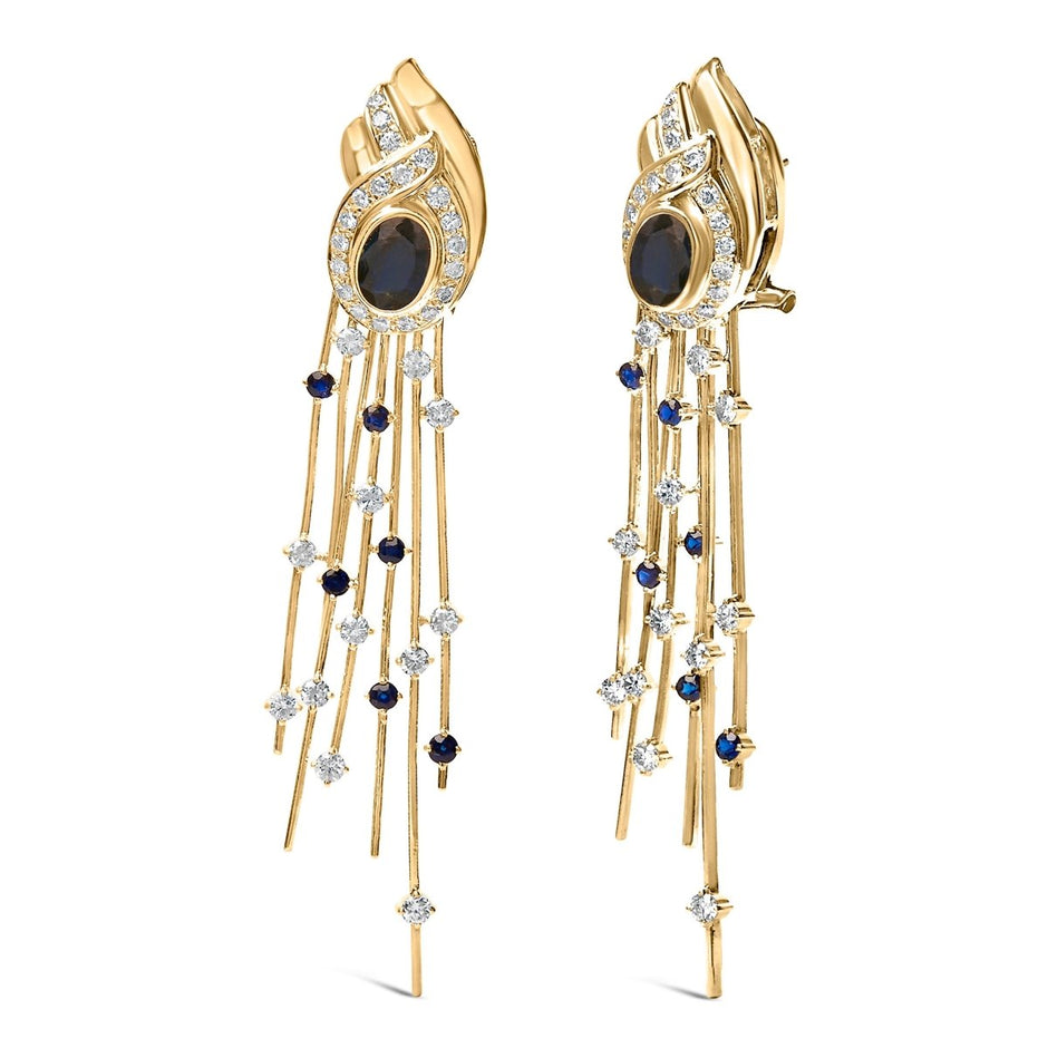 14K Yellow Gold 1.0 Cttw Diamond and Blue Sapphire Chandelier Earrings - Earrings - Custom Crafting Alliance, LLC