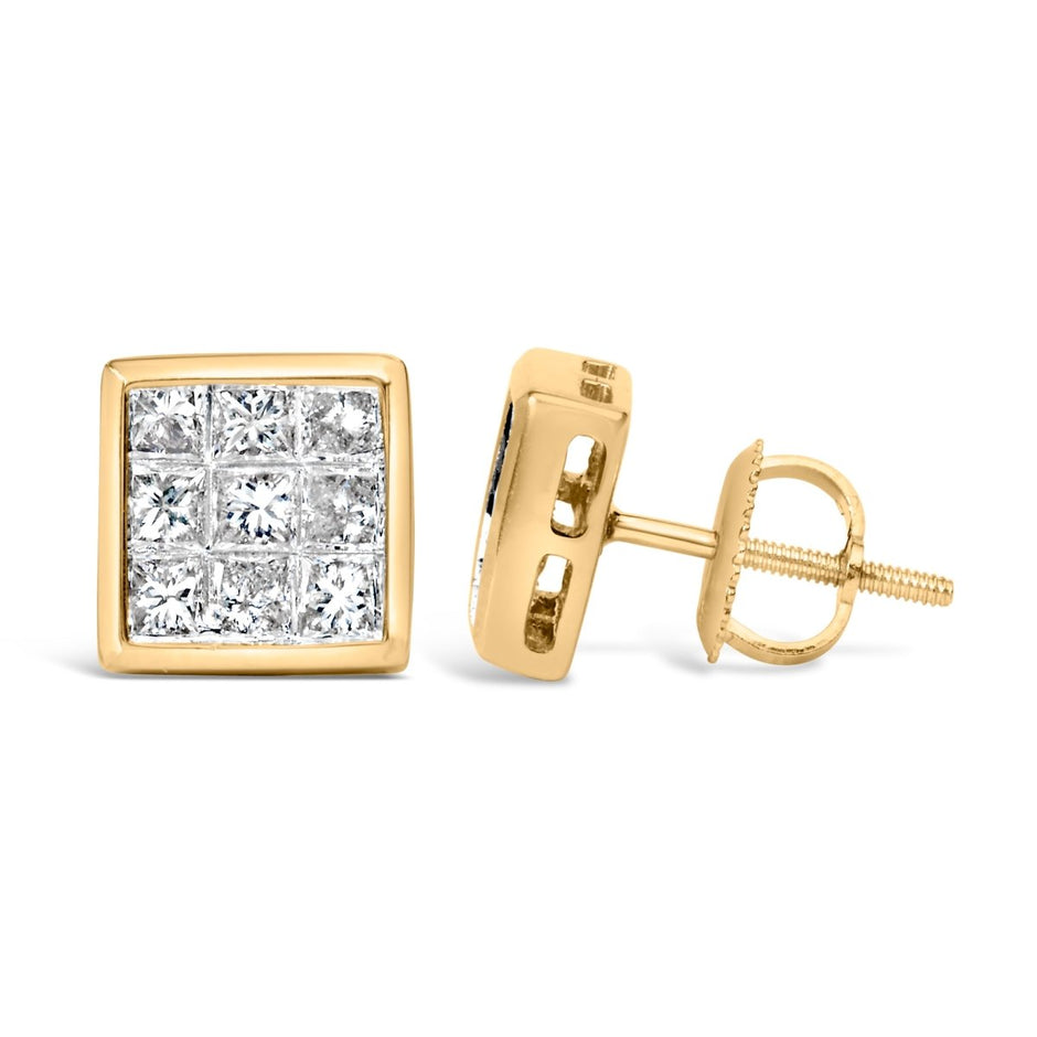14K Yellow Gold 1.0 Cttw Princess Cut Diamond Composite Stud Earrings with Screw Backs (J-K Color, SI1-SI2 Clarity) - Earrings - Custom Crafting Alliance, LLC